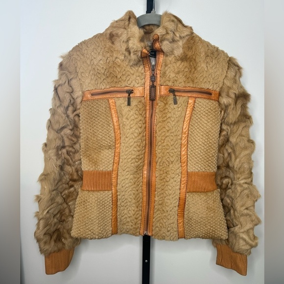 Just Cavalli Leather and Rabbit Fur Tan Jacket - Size 44 IT - Picture 2 of 12